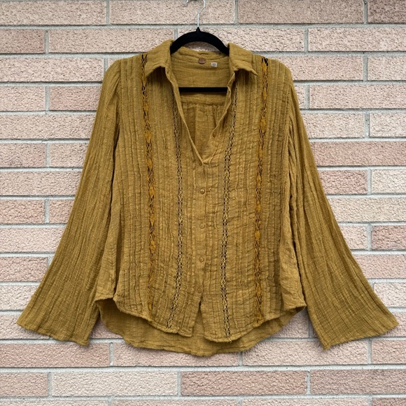 Free People Mustard Textured Blouse - Picture 1 of 5